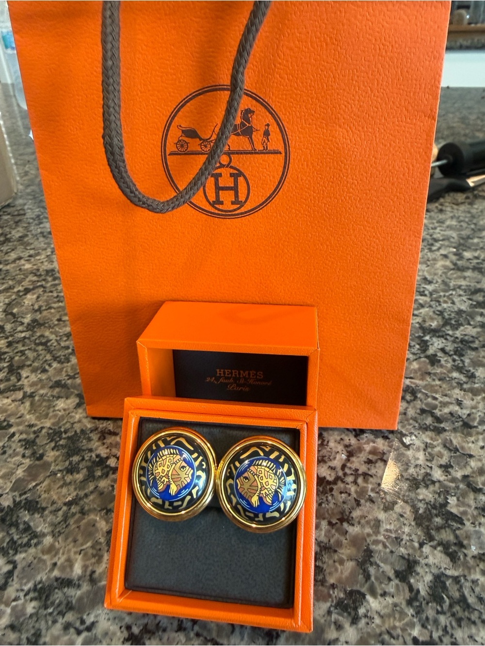 Hermes Blue & Gold Enamel Round Earrings